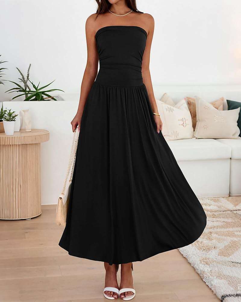BTFBM Summer Maxi Dresses for Women 2026 Strapless Ruched Tube Top Beach Vacation Spring Wedding Guest Dress Pockets - Image 8