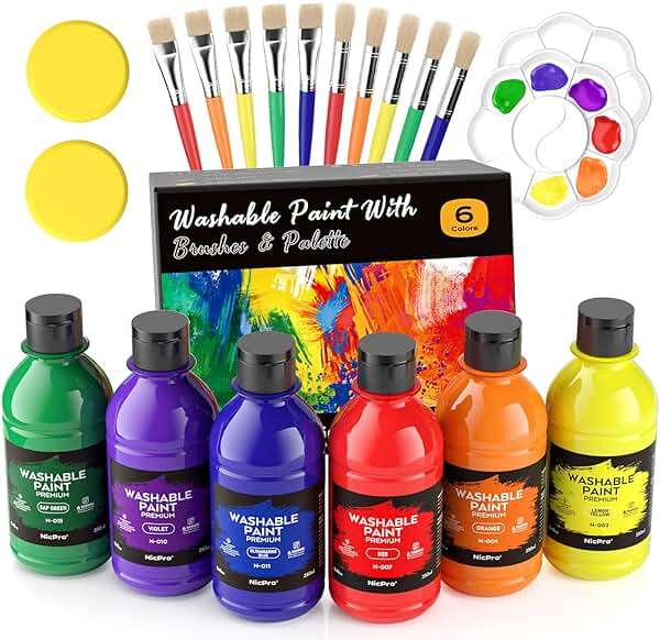 Nicpro Washable Paint Set, 6 Color 8.45oz Non Toxic Finger Paints, 10 Brushes & Palette & Sponge, Art Supplies for Painting - Image 1