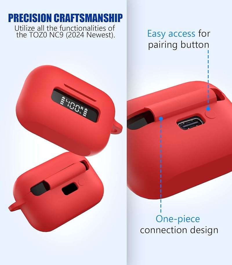 AGENTNANO for TOZ0 NC9(2024) Case Cover, Silicone Protective Battery Display Visible Design Cover ONLY for TOZO NC9 Hybrid Active Noise Cancelling Wireless Earbuds 2024 Version with Carabiner-Red - Image 4