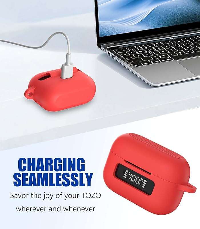 AGENTNANO for TOZ0 NC9(2024) Case Cover, Silicone Protective Battery Display Visible Design Cover ONLY for TOZO NC9 Hybrid Active Noise Cancelling Wireless Earbuds 2024 Version with Carabiner-Red - Image 5