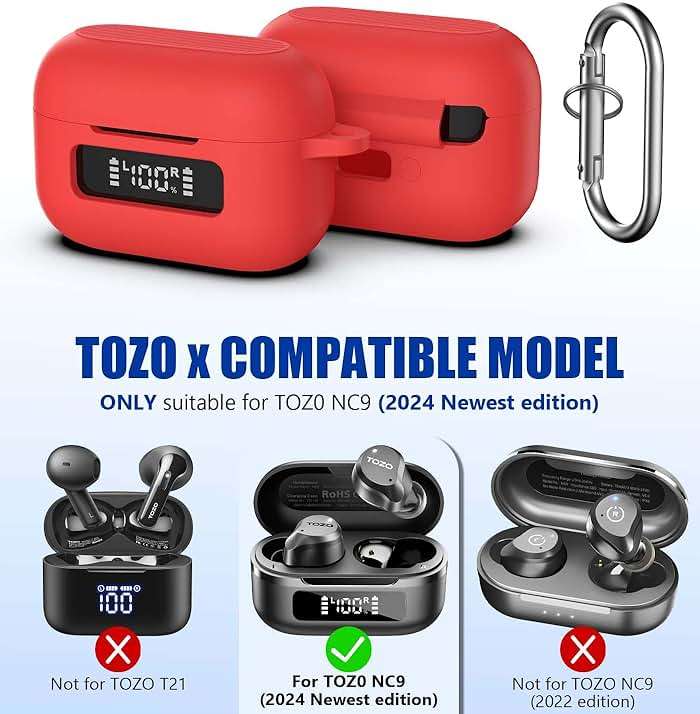 AGENTNANO for TOZ0 NC9(2024) Case Cover, Silicone Protective Battery Display Visible Design Cover ONLY for TOZO NC9 Hybrid Active Noise Cancelling Wireless Earbuds 2024 Version with Carabiner-Red - Image 6