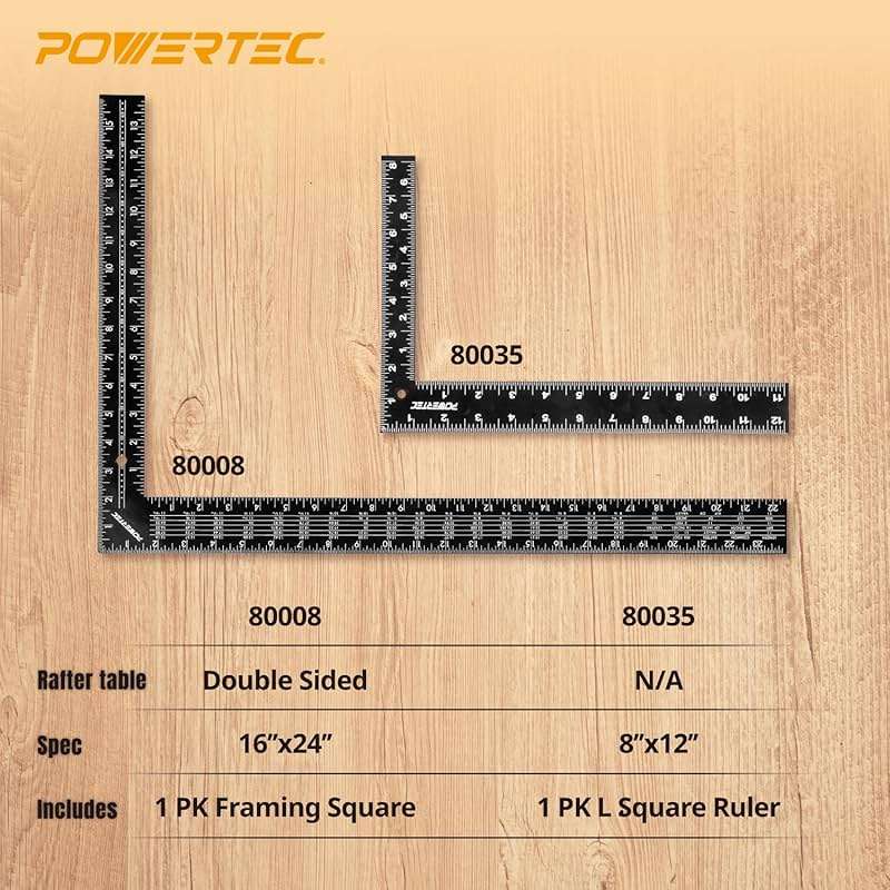 POWERTEC Carpenter Square Set, 16"x24" Framing Square w/Rafter Tables (1PK) & 8"x12" Square Ruler with Imperial & Metric Graduations (1PK) for Woodworking, Construction, Arts & Crafts (80037) - Image 7
