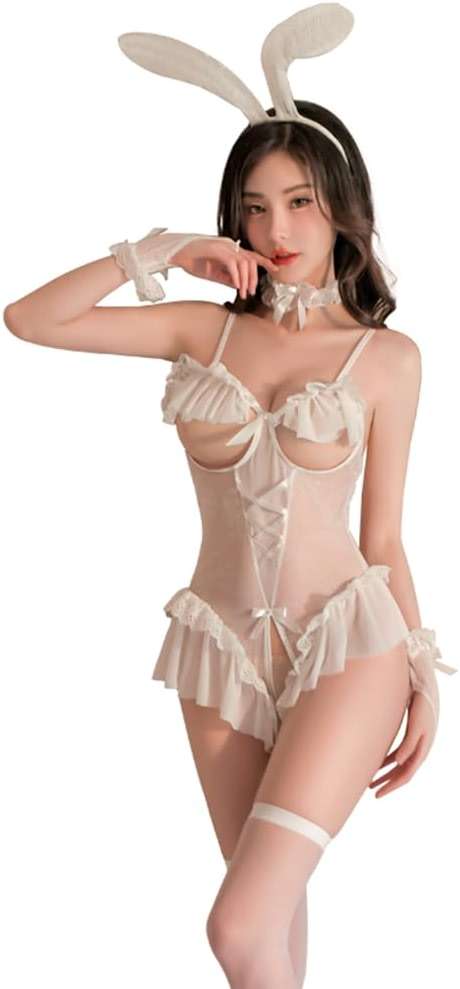 SENJIY sexy bunny lingerie for women outfit costume Cosplay Maid Underwear Lace Plush cute Perspective Girl Outfits Anime One Piece Bodysuit Babydoll Roleplay Rabbit ears Christmas white - Image 1