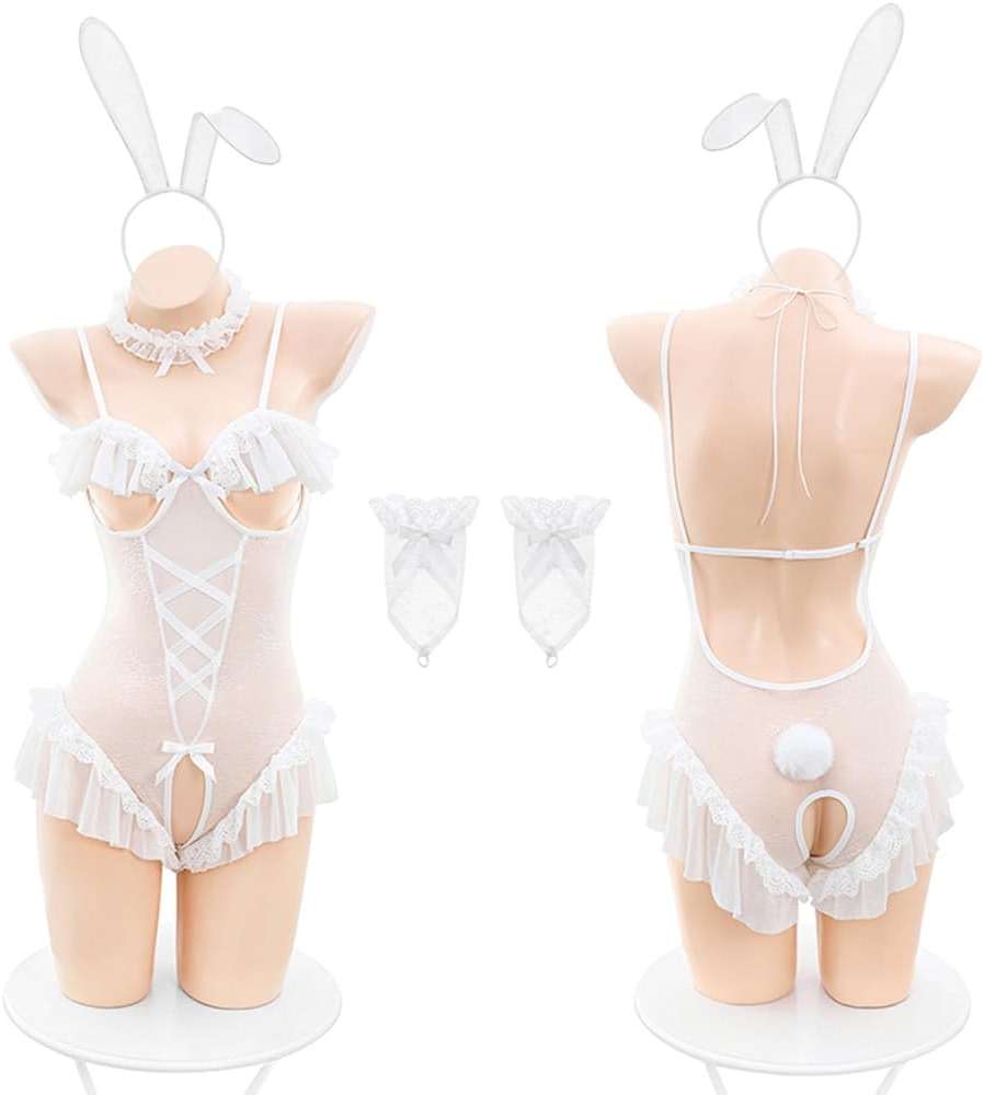 SENJIY sexy bunny lingerie for women outfit costume Cosplay Maid Underwear Lace Plush cute Perspective Girl Outfits Anime One Piece Bodysuit Babydoll Roleplay Rabbit ears Christmas white - Image 6