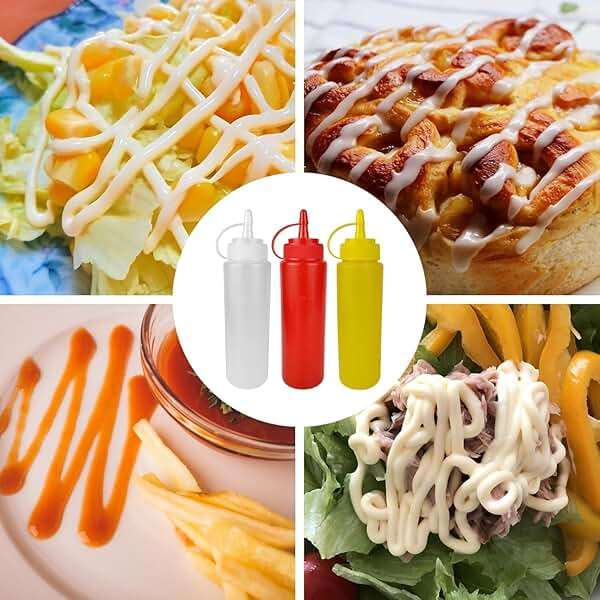 ICSTM 3 Pcs Plastic Squeeze Sauce Bottles with Nozzle Caps,250Ml/8.5Oz Reusable Squeeze Condiment Bottles Dispensers Suitable for Mustard Olive Oil Jam Ketchup Salad Dressing (250ML/8OZ) - Image 6