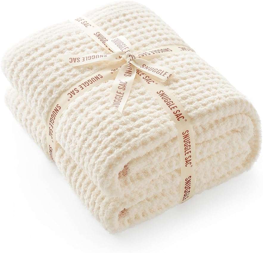 Snuggle Sac Ultra Soft Waffle Throw Blanket for Couch Bed Sofa 50x60 inches, Reversible Cream Blanket Microfiber Fluffy Fuzzy Cozy Knit Throws for Women Mothers Birthday Gifts - Image 1