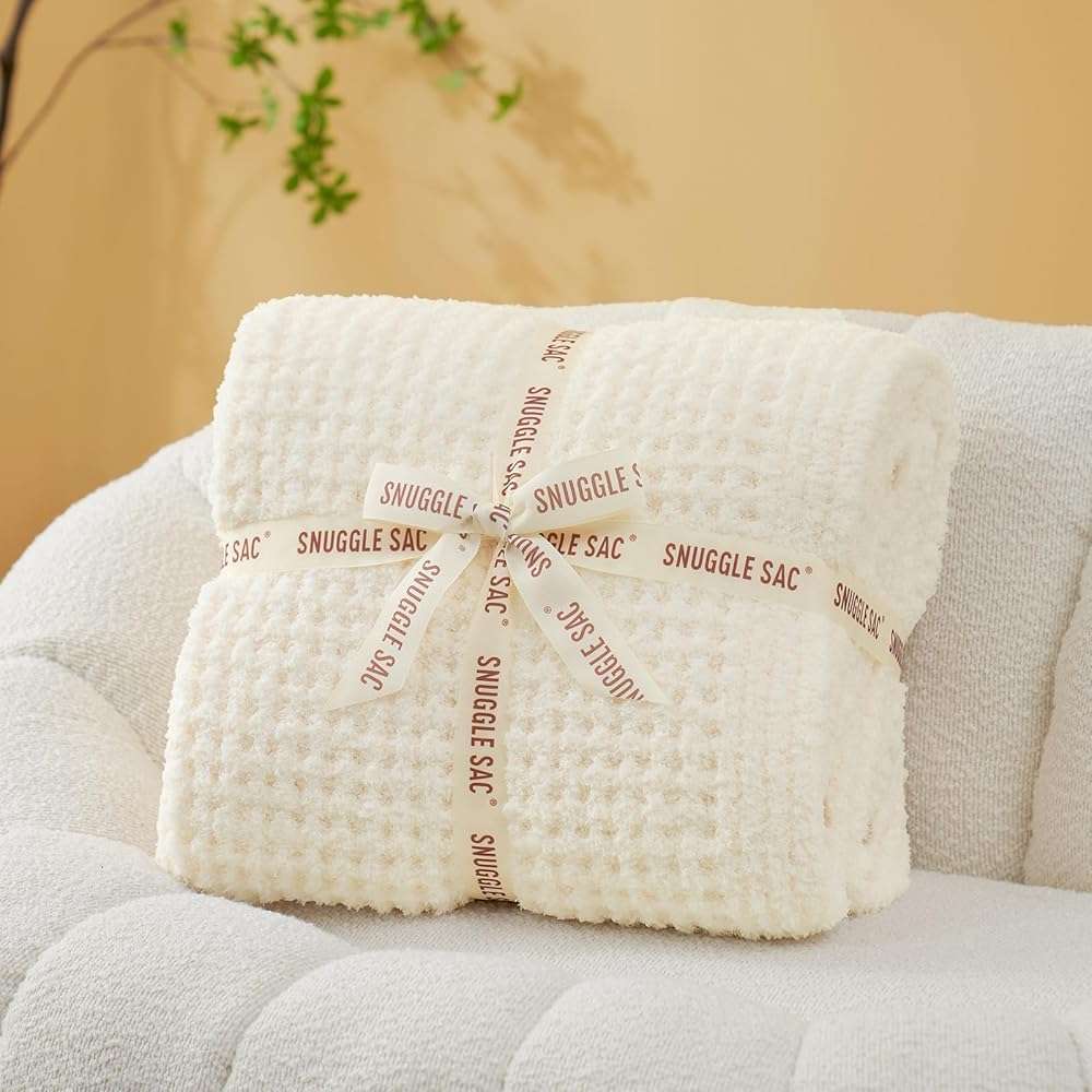 Snuggle Sac Ultra Soft Waffle Throw Blanket for Couch Bed Sofa 50x60 inches, Reversible Cream Blanket Microfiber Fluffy Fuzzy Cozy Knit Throws for Women Mothers Birthday Gifts - Image 4