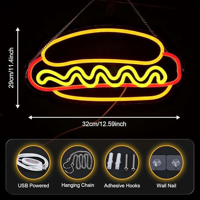 Hot Dogs Neon Sign for Wall Decor, Business LED Neon Light, Fast food Neon Light, hotdog Signs for Restaurant, Kitchen, Party, Hot Dog Lovers Food Decor, USB Powered, Size 12.5 * 11.4in - Image 2