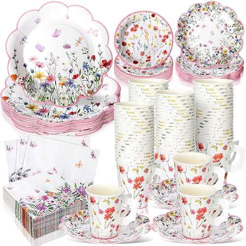 Pickmesh 252 Pcs Floral Tea Party Supplies for 36 Guests Wildflower Paper Disposable Dinnerware Floral Teacups with Handle and Saucers Sets for Tea Party Decorations Birthday Baby Shower Wedding - Image 1