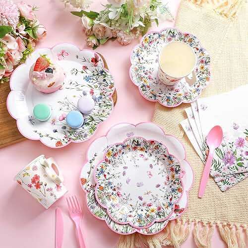 Pickmesh 252 Pcs Floral Tea Party Supplies for 36 Guests Wildflower Paper Disposable Dinnerware Floral Teacups with Handle and Saucers Sets for Tea Party Decorations Birthday Baby Shower Wedding - Image 2
