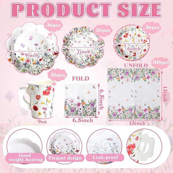 Pickmesh 252 Pcs Floral Tea Party Supplies for 36 Guests Wildflower Paper Disposable Dinnerware Floral Teacups with Handle and Saucers Sets for Tea Party Decorations Birthday Baby Shower Wedding - Image 3