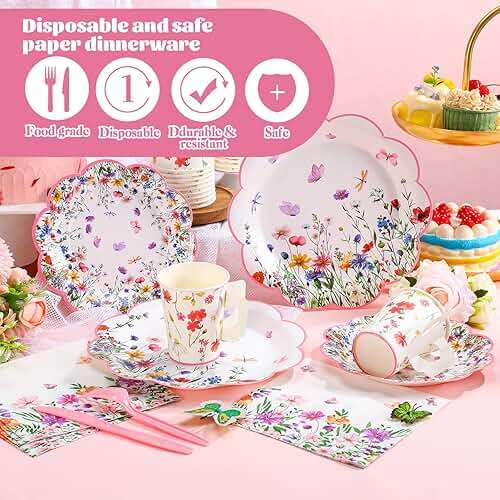 Pickmesh 252 Pcs Floral Tea Party Supplies for 36 Guests Wildflower Paper Disposable Dinnerware Floral Teacups with Handle and Saucers Sets for Tea Party Decorations Birthday Baby Shower Wedding - Image 4