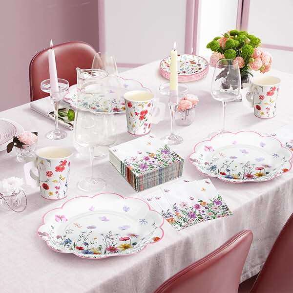 Pickmesh 252 Pcs Floral Tea Party Supplies for 36 Guests Wildflower Paper Disposable Dinnerware Floral Teacups with Handle and Saucers Sets for Tea Party Decorations Birthday Baby Shower Wedding - Image 6