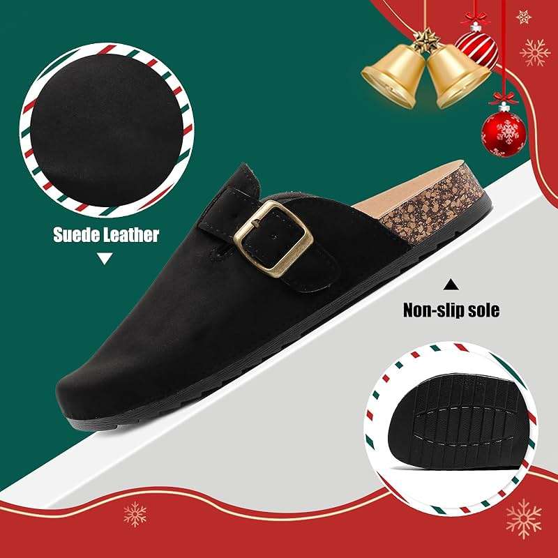 YorFotMae Women's Suede Clogs Mens Leather Mules Comfort Cork Footbed Antislip House Sandals Arch Support Potato Shoes with Adjustable Buckle - Image 2