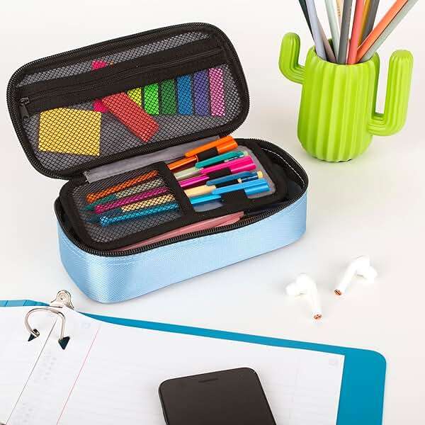Five Star Pencil Pouch, Pen Case, High-Capacity Zipper Pouch, Storage Organizer for School Supplies Earbuds Chargers Cables Makeup, Blue/Denim (500212F-ECM) - Image 2