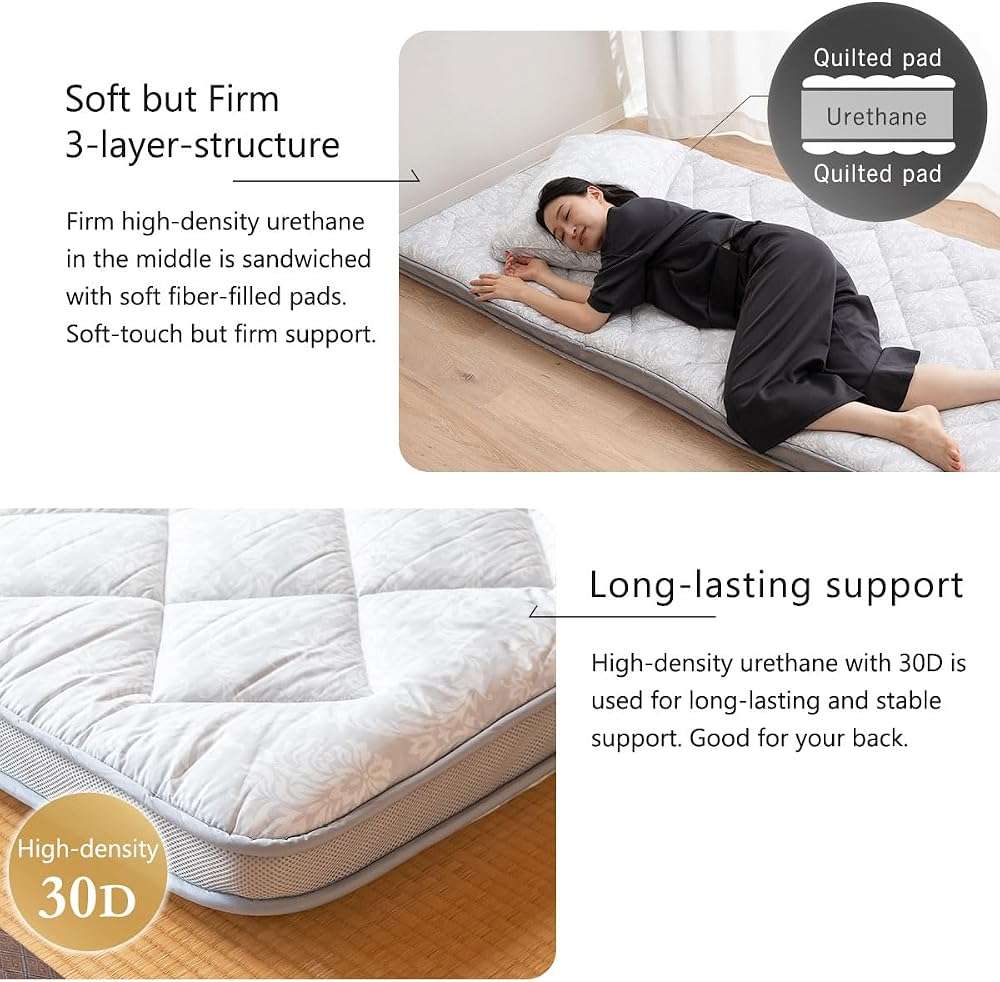 EMOOR Japanese Padded Gusset Futon Mattress DONSU Twin Light Gray, Damask Botanical Pattern Foldable Floor Sleeping Guest Bed Tatami Mat - Image 4