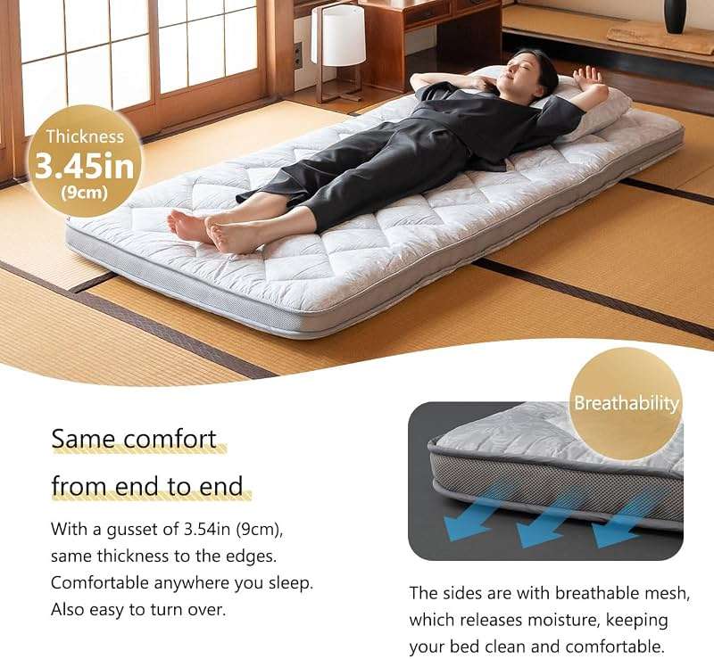 EMOOR Japanese Padded Gusset Futon Mattress DONSU Twin Light Gray, Damask Botanical Pattern Foldable Floor Sleeping Guest Bed Tatami Mat - Image 5