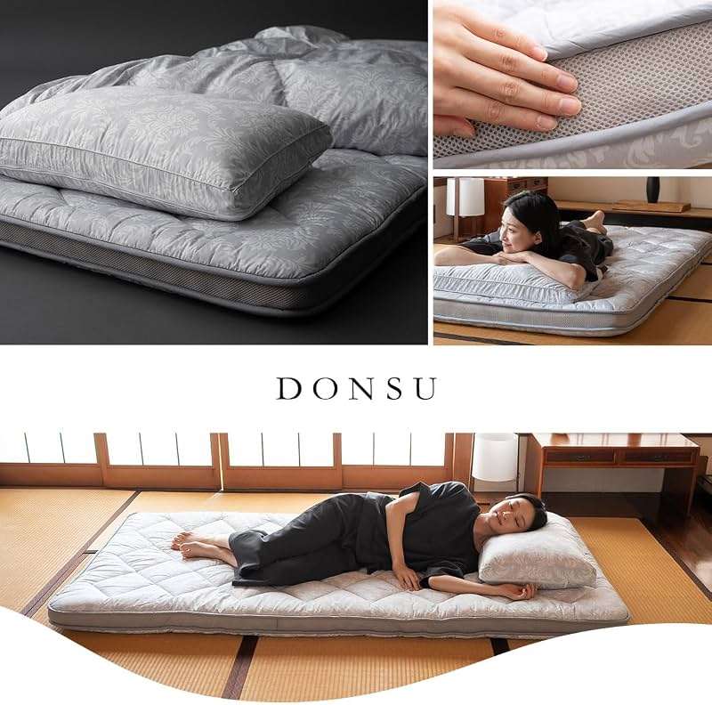 EMOOR Japanese Padded Gusset Futon Mattress DONSU Twin Light Gray, Damask Botanical Pattern Foldable Floor Sleeping Guest Bed Tatami Mat - Image 7