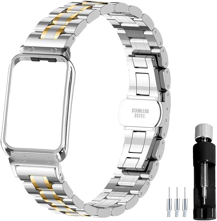 Gheper Metal Watchband Compatible with Samsung Galaxy Fit3[2024] SM-R390 Smartwatch Accessory 316L Stainless Steel Protective Frame Case Design Replacement Wrist Strap Bracelet for Women Men - Image 1