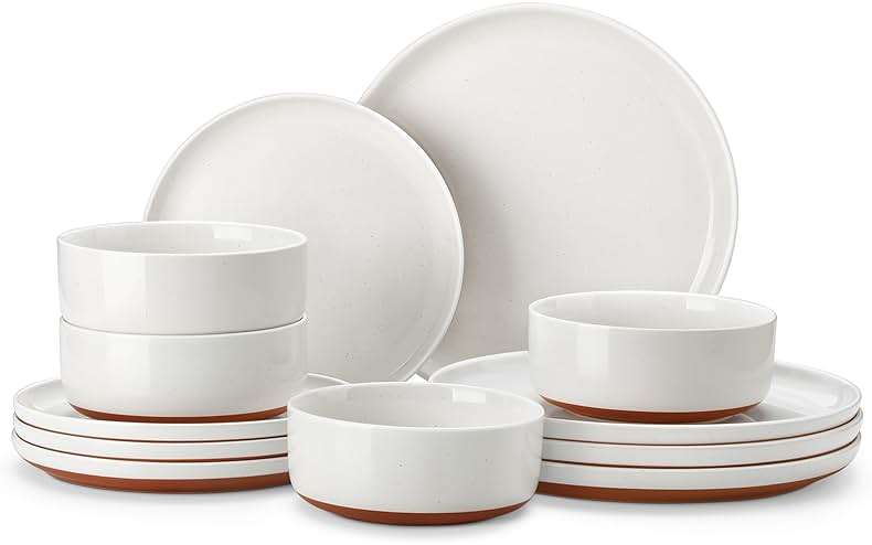 MALACASA Plates and Bowls Sets, 12 Pieces Modern Stoneware Dinnerware Set for 4 Kitchen Dinner Set Ceramic Dishware Dishes Set Microwave and Dishwasher Safe, White, Series TARA - Image 1