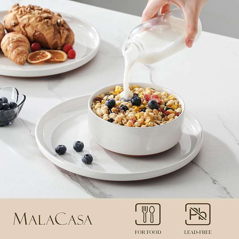 MALACASA Plates and Bowls Sets, 12 Pieces Modern Stoneware Dinnerware Set for 4 Kitchen Dinner Set Ceramic Dishware Dishes Set Microwave and Dishwasher Safe, White, Series TARA - Image 2