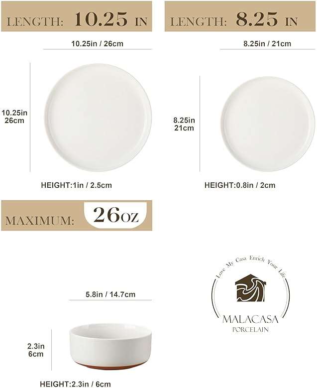 MALACASA Plates and Bowls Sets, 12 Pieces Modern Stoneware Dinnerware Set for 4 Kitchen Dinner Set Ceramic Dishware Dishes Set Microwave and Dishwasher Safe, White, Series TARA - Image 3