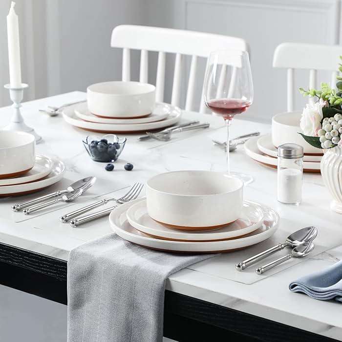 MALACASA Plates and Bowls Sets, 12 Pieces Modern Stoneware Dinnerware Set for 4 Kitchen Dinner Set Ceramic Dishware Dishes Set Microwave and Dishwasher Safe, White, Series TARA - Image 5
