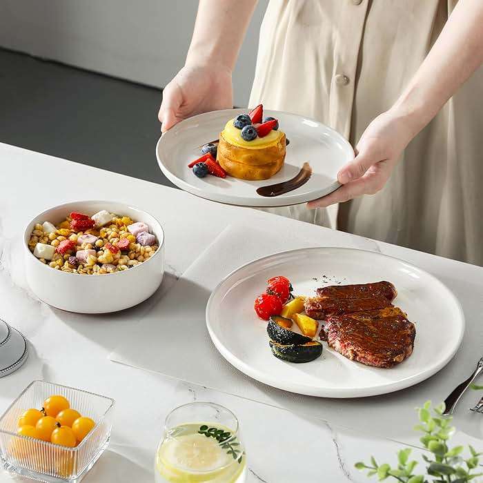 MALACASA Plates and Bowls Sets, 12 Pieces Modern Stoneware Dinnerware Set for 4 Kitchen Dinner Set Ceramic Dishware Dishes Set Microwave and Dishwasher Safe, White, Series TARA - Image 6