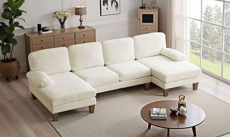 VINGLI 110" Sectional Couches for Living Room,U Shaped Couch with Double Chaise, 4-Seat Sofa Set with Chenille Fabric for Home Furniture,Beige - Image 1