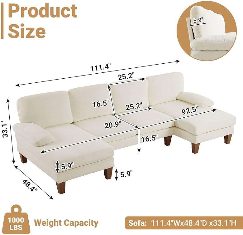 VINGLI 110" Sectional Couches for Living Room,U Shaped Couch with Double Chaise, 4-Seat Sofa Set with Chenille Fabric for Home Furniture,Beige - Image 2