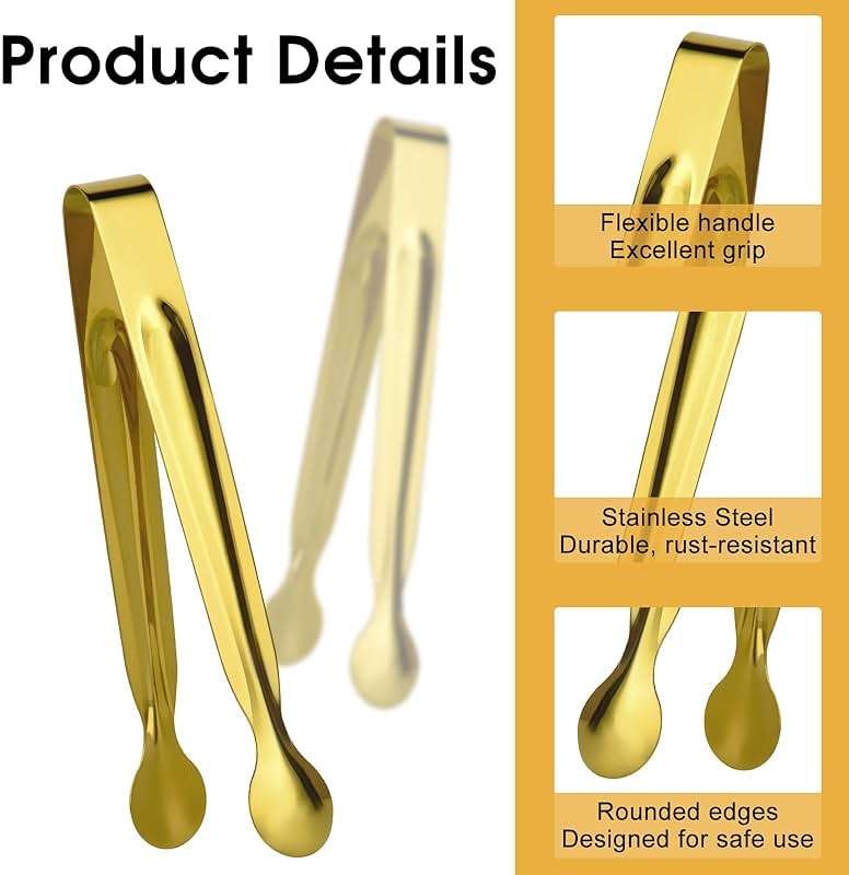 Tcoin Mini Serving Tongs Set, 12 Gold Stainless Steel Tongs, 6.3 in for Sugar Cubes, Ice, Candy, Charcuterie, Coffee Bar - Image 4