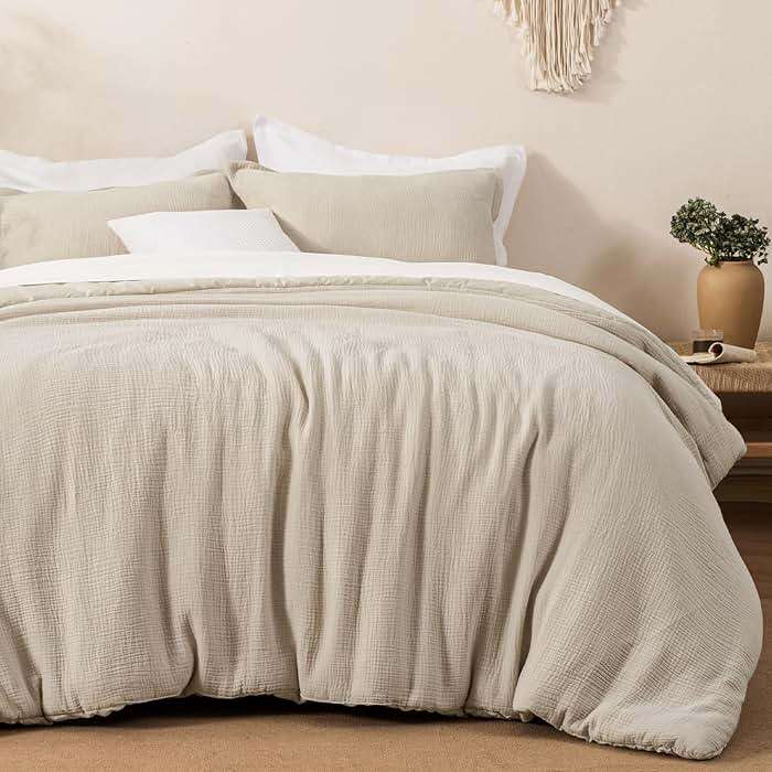 David's Home Cotton Muslin Comforter Set, King Size Ultra‑Soft Breathable Summer Bedding, 3Pcs Lightweight 100% Cotton Cover with Polyester Fill, 1 Linen‑Like Comforter & 2 Pillow Shams, Natural - Image 1