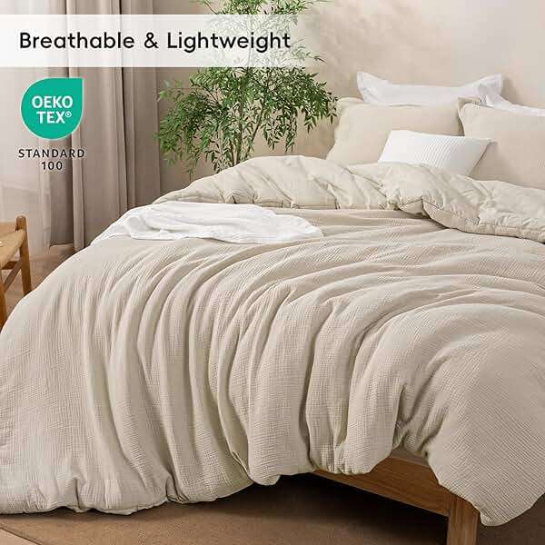 David's Home Cotton Muslin Comforter Set, King Size Ultra‑Soft Breathable Summer Bedding, 3Pcs Lightweight 100% Cotton Cover with Polyester Fill, 1 Linen‑Like Comforter & 2 Pillow Shams, Natural - Image 2