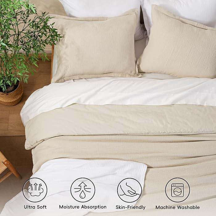 David's Home Cotton Muslin Comforter Set, King Size Ultra‑Soft Breathable Summer Bedding, 3Pcs Lightweight 100% Cotton Cover with Polyester Fill, 1 Linen‑Like Comforter & 2 Pillow Shams, Natural - Image 3