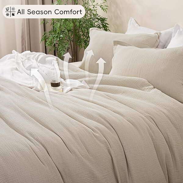 David's Home Cotton Muslin Comforter Set, King Size Ultra‑Soft Breathable Summer Bedding, 3Pcs Lightweight 100% Cotton Cover with Polyester Fill, 1 Linen‑Like Comforter & 2 Pillow Shams, Natural - Image 4