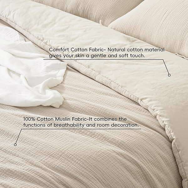 David's Home Cotton Muslin Comforter Set, King Size Ultra‑Soft Breathable Summer Bedding, 3Pcs Lightweight 100% Cotton Cover with Polyester Fill, 1 Linen‑Like Comforter & 2 Pillow Shams, Natural - Image 5