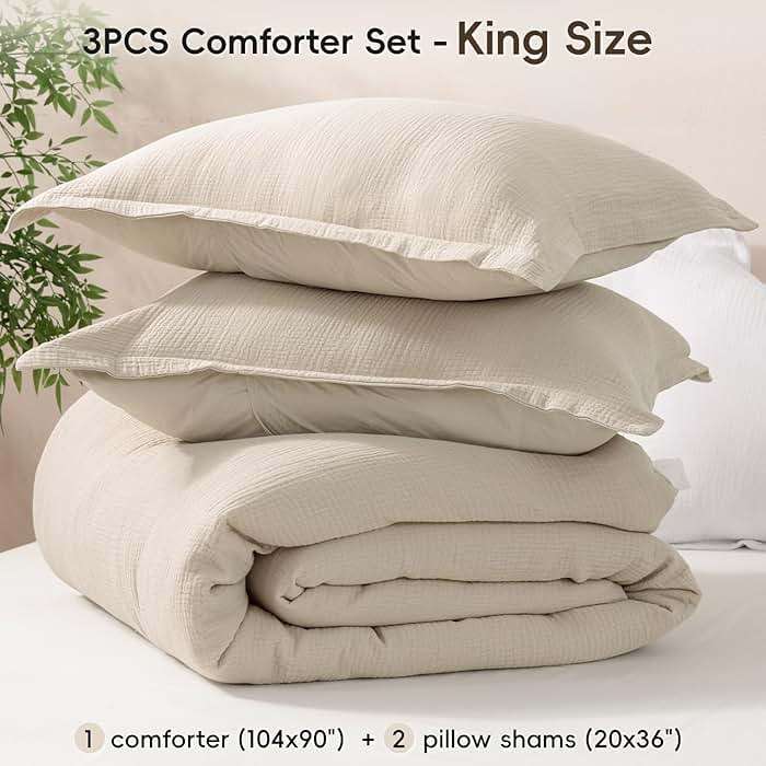 David's Home Cotton Muslin Comforter Set, King Size Ultra‑Soft Breathable Summer Bedding, 3Pcs Lightweight 100% Cotton Cover with Polyester Fill, 1 Linen‑Like Comforter & 2 Pillow Shams, Natural - Image 7