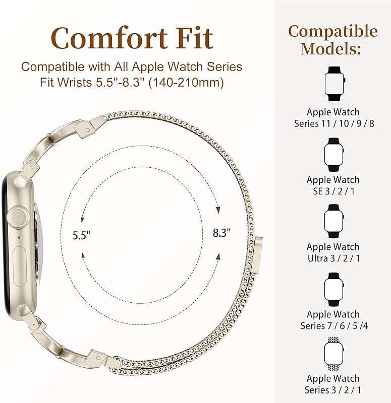 Getino Mesh Loop Compatible with Apple Watch Bands for Women 40mm 41mm 42mm 44mm 45mm 46mm 49mm 38mm Series 11 10 9 8 7 6 5 4 3 2 SE Ultra, Metal Stainless Steel Magnetic Strap iWatch Bands, Starlight - Image 7