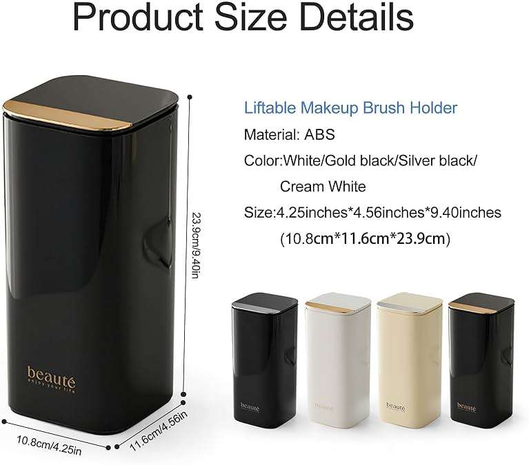 DASITON Makeup Brush Holder with Lid,4 Slots Makeup Brush Organizer,Automatic Lifting Makeup Cosmetics Organizer,for Vanity Decor,Bathroom Countertop,Dustproof Cosmetic Brushes Container(Gold-Black) - Image 3