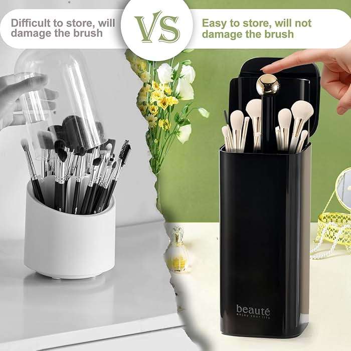 DASITON Makeup Brush Holder with Lid,4 Slots Makeup Brush Organizer,Automatic Lifting Makeup Cosmetics Organizer,for Vanity Decor,Bathroom Countertop,Dustproof Cosmetic Brushes Container(Gold-Black) - Image 5