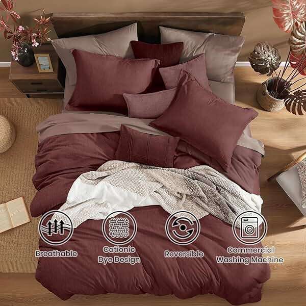 Monbix California King Comforter Set - 7 Pieces Cationic Dyeing Dark Red Bed in a Bag Cal King Bedding Sets with Comforter, Sheets, Pillowcases & Shams, Reversible Bedding Comforters Sets - Image 3