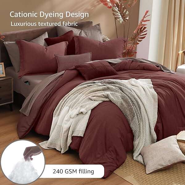 Monbix California King Comforter Set - 7 Pieces Cationic Dyeing Dark Red Bed in a Bag Cal King Bedding Sets with Comforter, Sheets, Pillowcases & Shams, Reversible Bedding Comforters Sets - Image 4