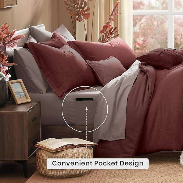 Monbix California King Comforter Set - 7 Pieces Cationic Dyeing Dark Red Bed in a Bag Cal King Bedding Sets with Comforter, Sheets, Pillowcases & Shams, Reversible Bedding Comforters Sets - Image 5