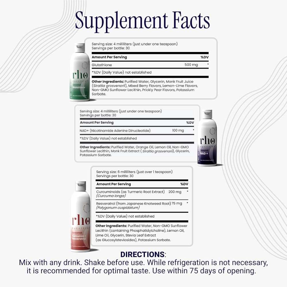 Rho Nutrition - Cellular Health Essentials Bundle – Liquid Liposomal Supplements for Healthy Aging & Cellular Support - NAD+, Curcumin + Resveratrol, & Glutathione (3 Pack) - Image 7