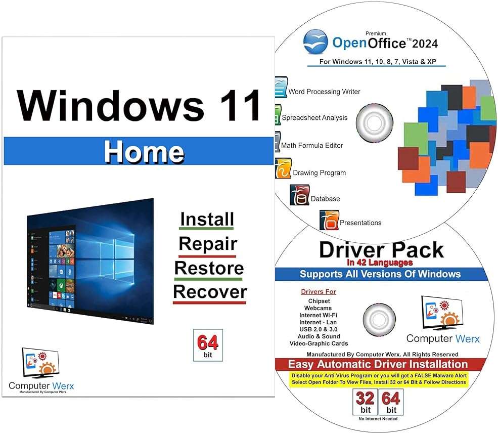 Computer Werx Compatible with Windows 11 Home 64 Bit repair DVD with key, install, recover & restore DVD plus Open Office 2024 & Drivers pack DVD - Image 1