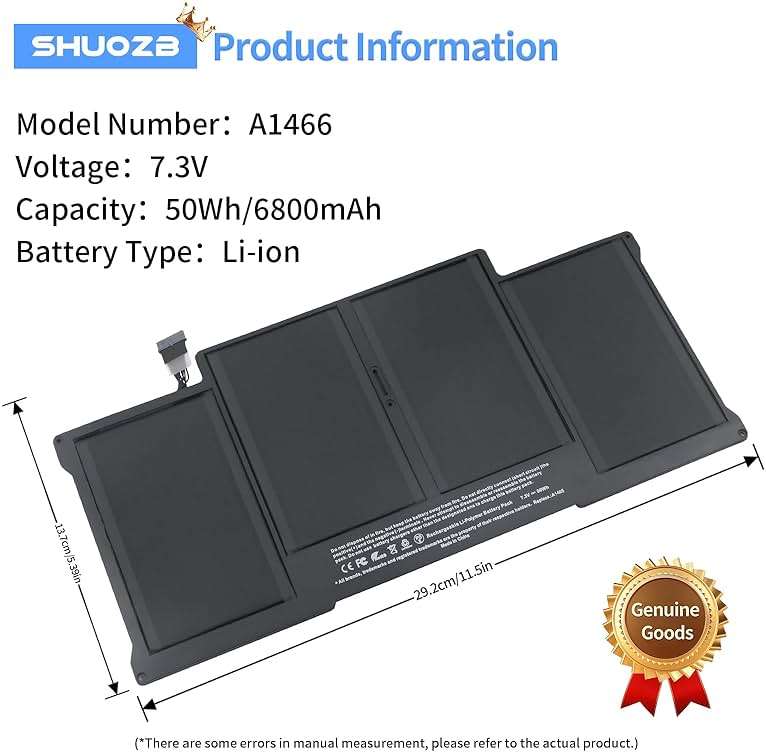 A1466 A1405 Laptop replacement Battery for MacBook Air 13 inch A1466 (Mid 2012、Mid 2013、Early 2014、Early 2015、2017) A1369 (Late 2010、Mid 2011 Version) fits A1466 A1369 A1496-7.3V 50Wh/6800mAh - Image 2
