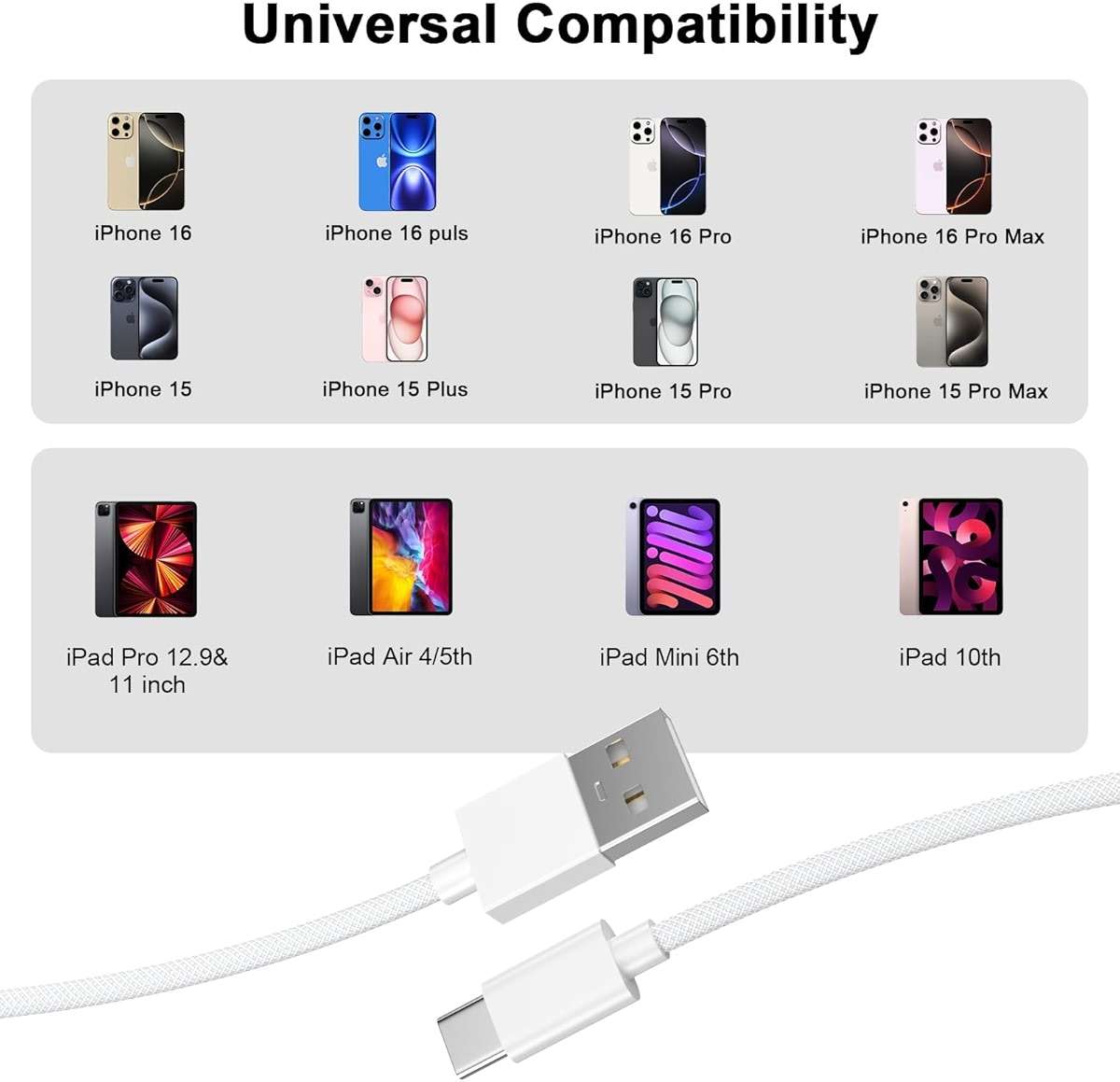 10FT Car Carplay Cable for iPhone 17 16, 2 Pack [Apple MFi Certified] 60W USB A to USB C Fast Charging Cable Woven Car Charger Cord Compatible for iPhone 17/17 Pro/17 Pro Max/Air/16 Pro Max/15 Pro Max - Image 5