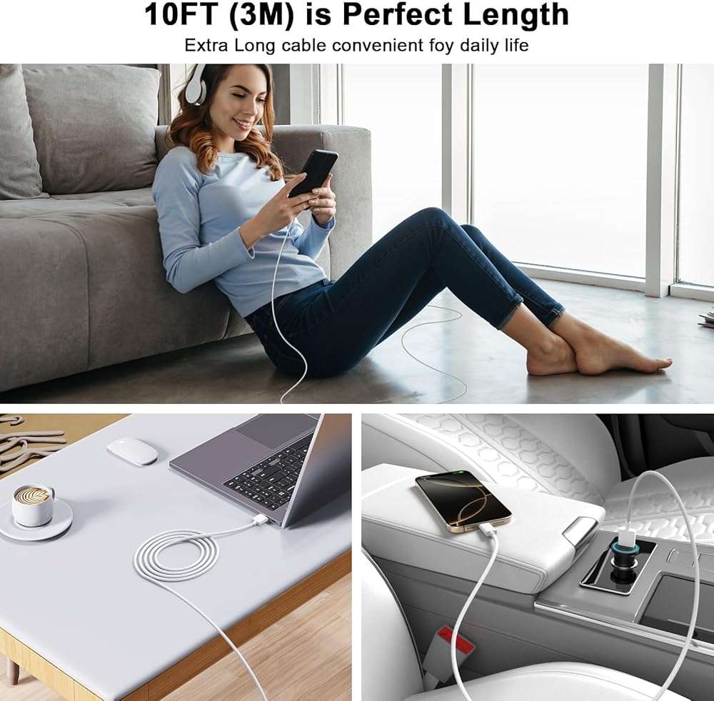 10FT Car Carplay Cable for iPhone 17 16, 2 Pack [Apple MFi Certified] 60W USB A to USB C Fast Charging Cable Woven Car Charger Cord Compatible for iPhone 17/17 Pro/17 Pro Max/Air/16 Pro Max/15 Pro Max - Image 8