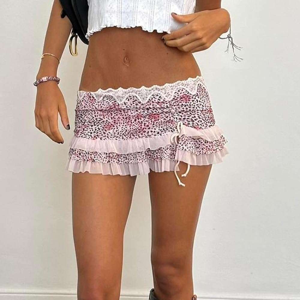 Women Y2K Lace Mini Skirt Low Rise Leopard Half Slip Skirt Contrast Ruffle Flowy Mesh Short Skirt Underskirt - Image 4