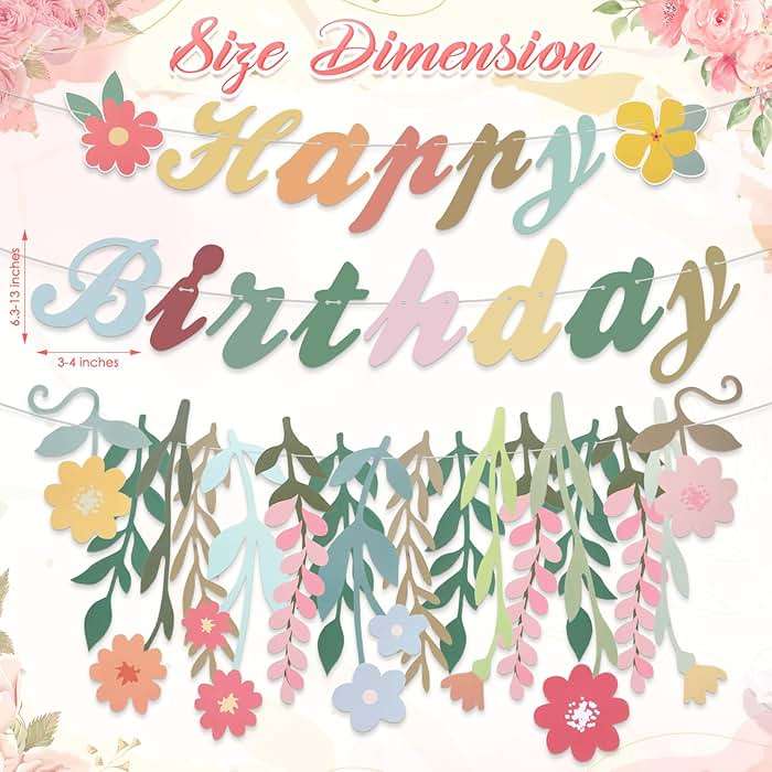 Trandraft 3 Pcs Flower Birthday Party Decorations Wildflower Garland Floral Happy Birthday Banner Spring Decor Boho Hanging Decorations for Women - Image 3